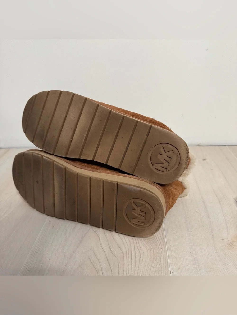 Michael Kors Chestnut Suede-Look Bootie with Cream Shearling and Gold Logo 9M